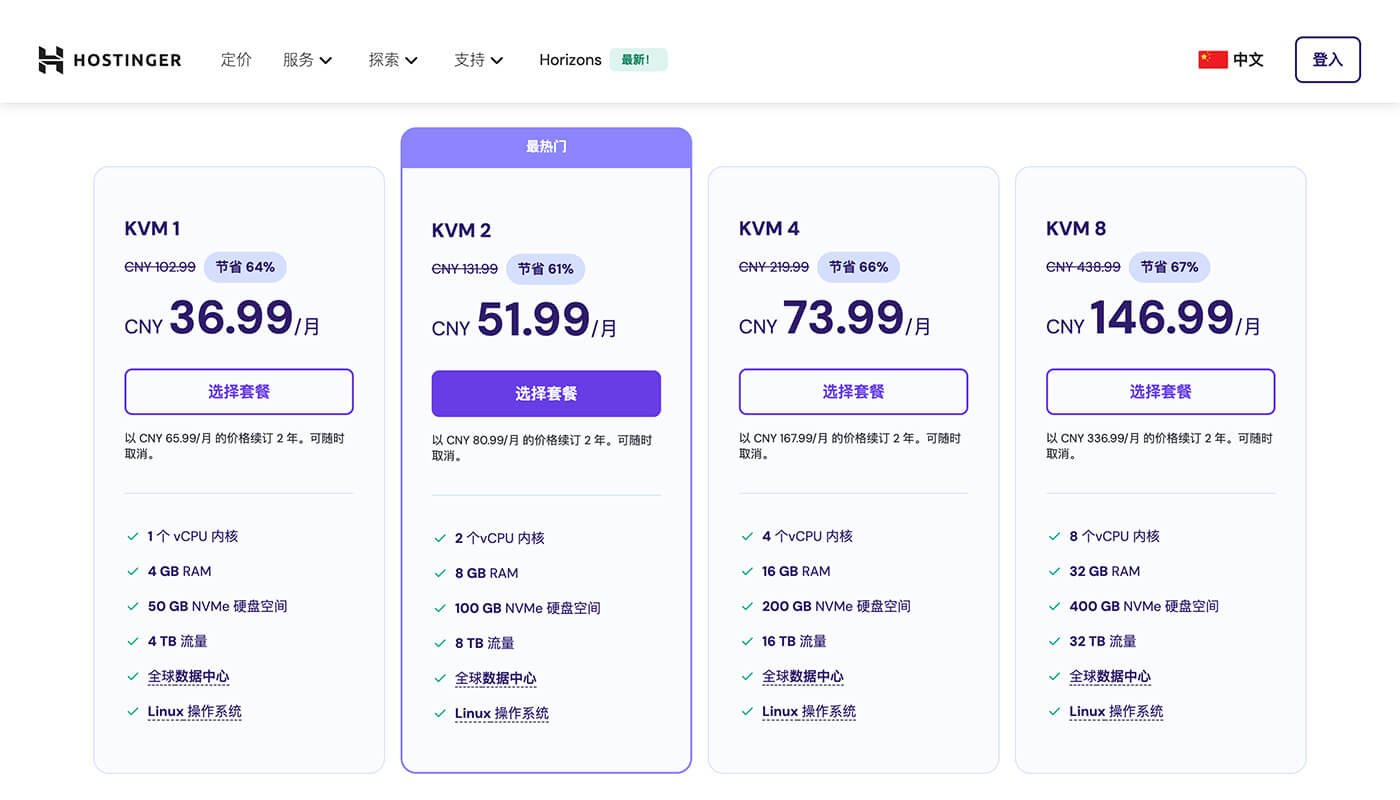 Hostinger VPS 主机类型和配置信息